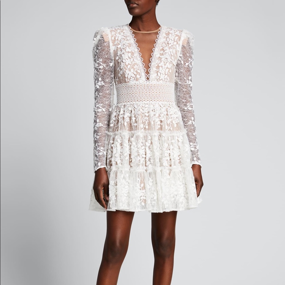 Bronx & Banco Megan V-Neck Illusion Tiered Lace Mini Dress in White